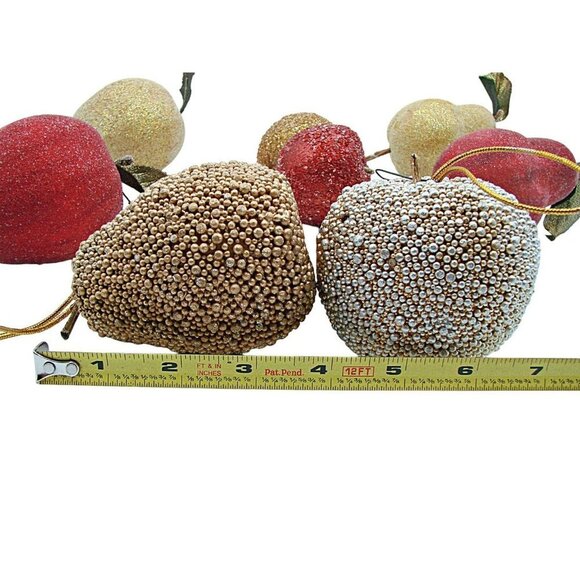 Lot 8 Ornaments Holiday Decor Sugar Glittered Beaded Fruit Apples Pears MCM Vtg - Picture 8 of 12